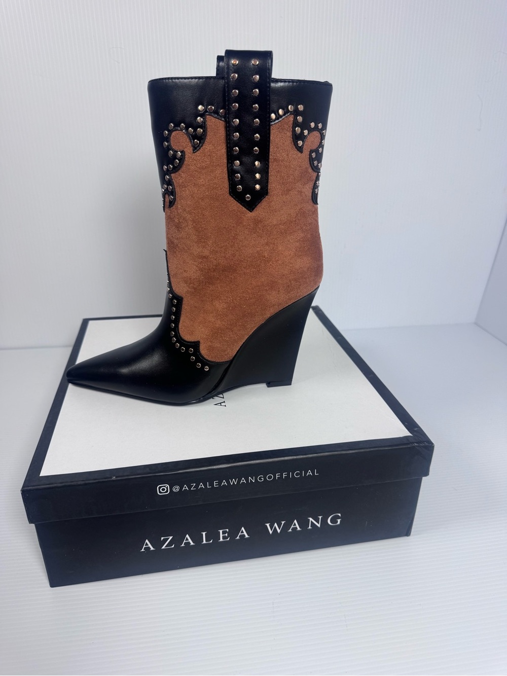 Azalea Wang Tallulah Cognac Studded Western Wedge Boots NIB Sizes 6–10